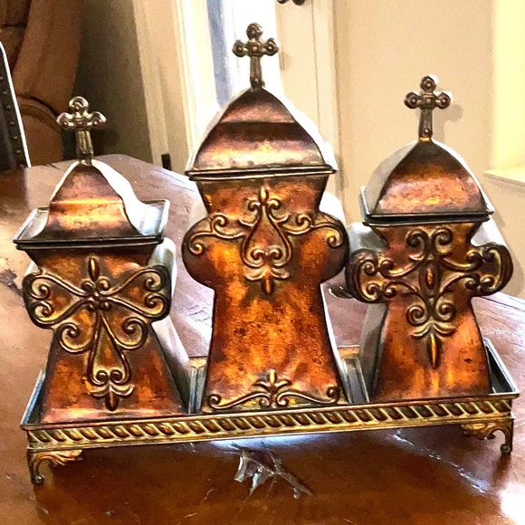 Beautiful Metal Rustic/Tuscany Style Cross Canisters &/or Decor on 4 Legged Base - Picture 2 of 9